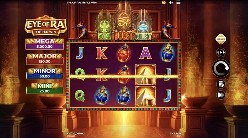 Eye of Ra Triple Win - Layar permainan utama dengan lima gulungan